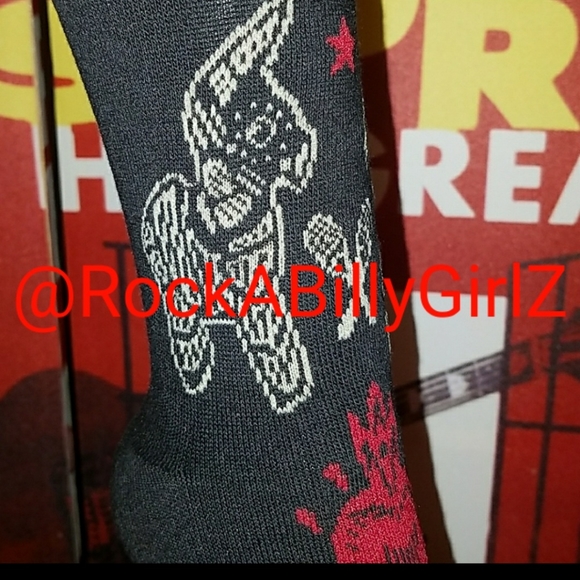 Too Fast Banjo & Cake Day of Dead Fiesta Tattoo Art 19" Knee Socks w 2 Red Bows - Picture 7 of 7
